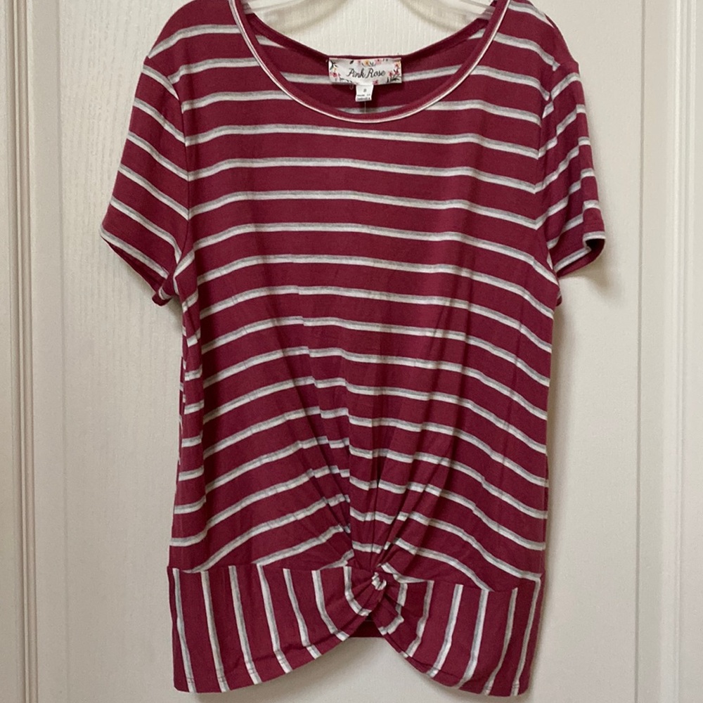 Pink Rose Short sleeve twist front striped top